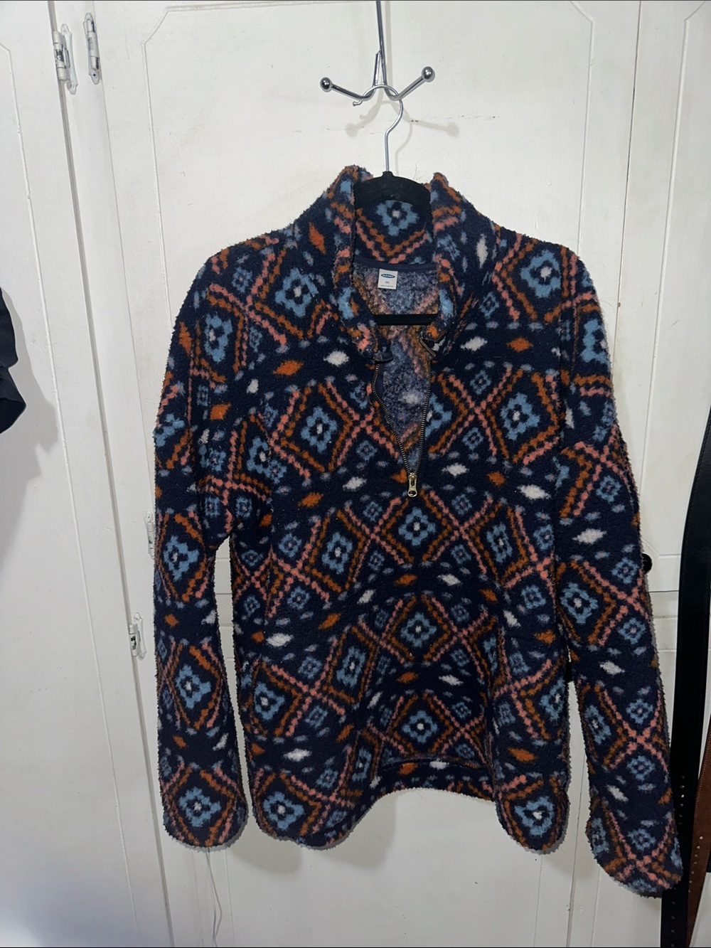 Old Navy Navy, Light Blue & Rust Patterned Fleece V-Neck Sweater